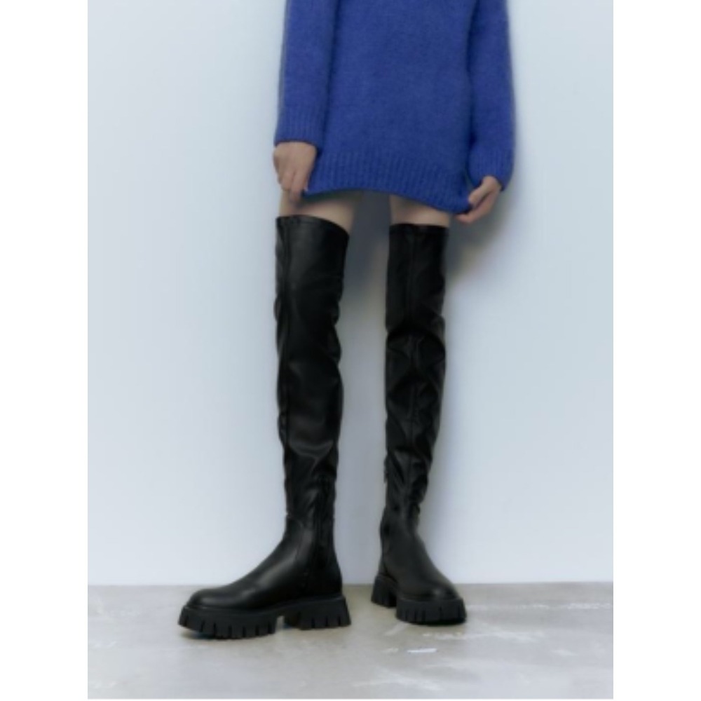 Zara Thigh High Boots 8 Black Lug Sole Platform Combat Over The Knee Punk Edgy